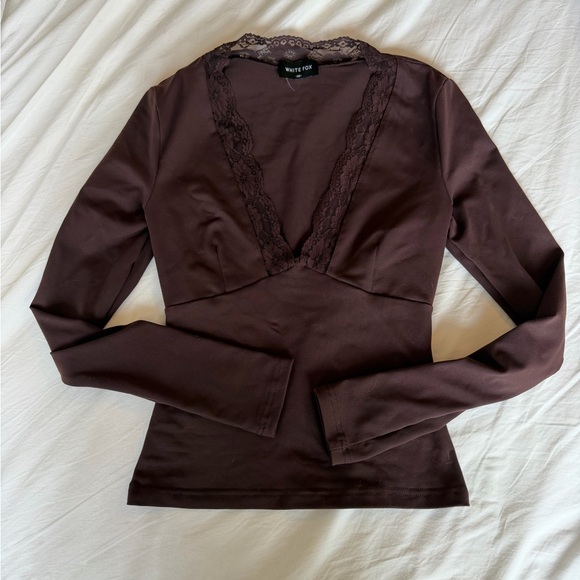 White Fox Boutique Deep V Lace-Trim Long Sleeve Top - Brown - Picture 2 of 9